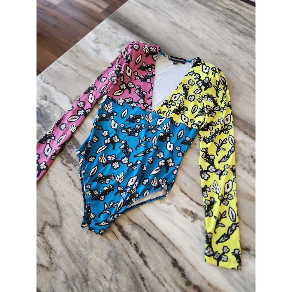 NWOT Kimberly Goldson CHLO XS Floral Colorblock Long Sleeve Bodysuit V-Neck USA
